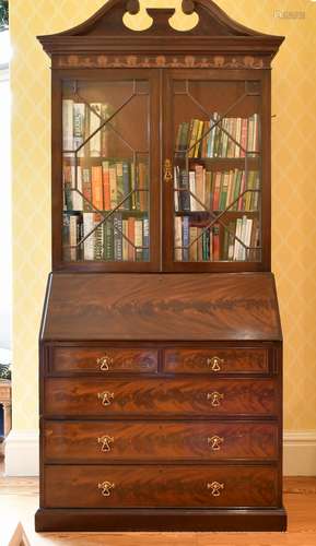 A GEORGE III DESIGN MAHOGANY BUREAU BOOKCASE, the top with s...