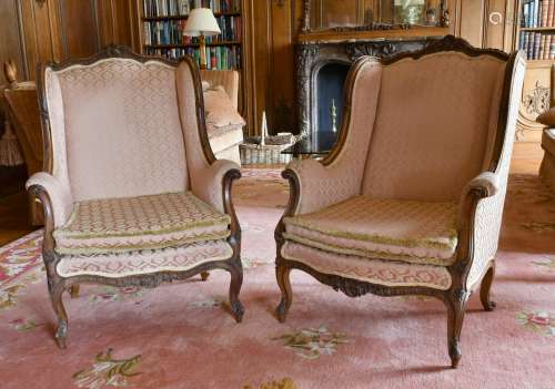 A GOOD PAIR OF MAHOGANY WING ARMCHAIRS with show wood frame,...