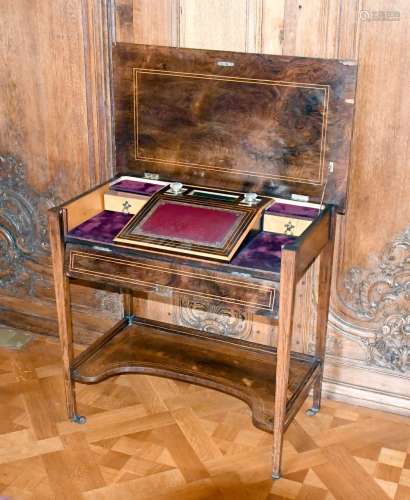 A VICTORIAN ROSEWOOD INLAID SIDE TABLE, the flap opens to re...