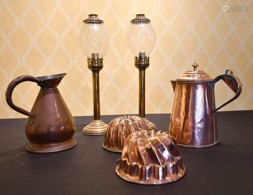 A PAIR OF BRASS LAMPS, JUG AND TWO JELLY MOULDS.