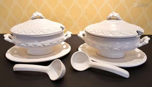 A LARGE PAIR OF ITALIAN WHITE POTTERY TUREENS, COVERS AND ST...