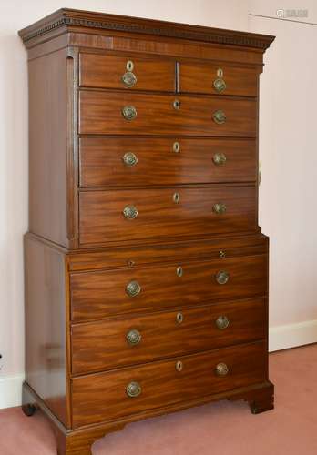 A GEORGE III MAHOGANY TALLBOY with dentil cornice, the top w...