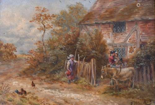 19th Century English School, figures and a donkey outside a ...