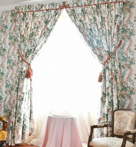 TWO PAIRS OF FLORAL FULL-LENGTH CURTAINS, PELMETS AND MIRROR...