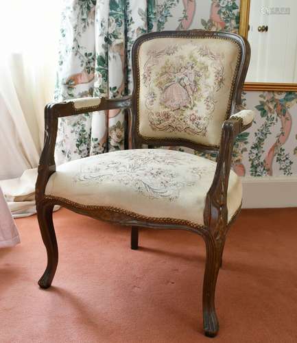 A FRENCH ARMCHAIR with tapestry cover.