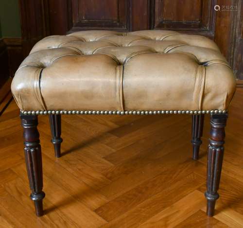 A GREEN LEATHER PADDED TOP STOOL on fluted mahogany legs. 1f...