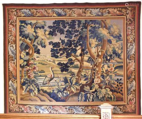 A 19TH CENTURY ANTIQUE AUBUSSON TAPESTRY, signed AUB, bird s...