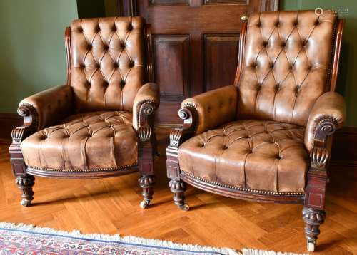 A GOOD PAIR OF VICTORIAN MAHOGANY GREEN STUDDED LEATHER ARMC...