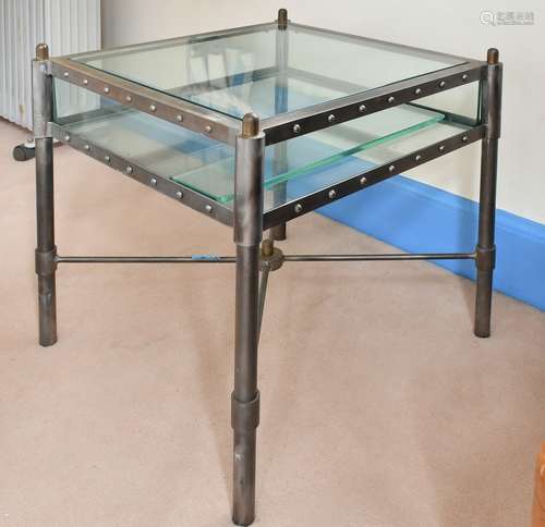 A PAIR OF MODERN GLASS-TOPPED SQUARE TWO-TIER TABLES. 1ft 8i...