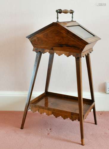 A VICTORIAN ROSEWOOD BIJOUTERIE TABLE with carrying handle.