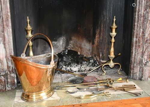 A PAIR OF BRASS ANDIRONS, coal box and fire irons.