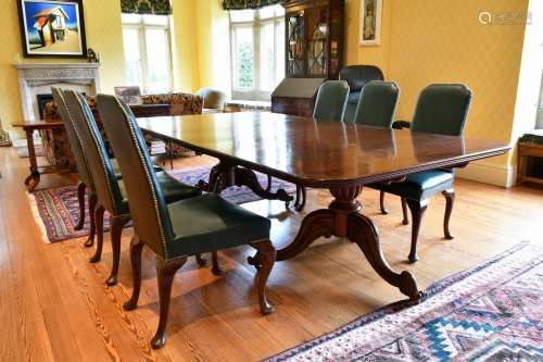 A GOOD MAHOGANY DOUBLE PILLAR DINING TABLE with loose leaf, ...