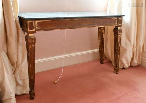 A PAIR OF LONG GILDED SIDE TABLES with marble tops, on flute...