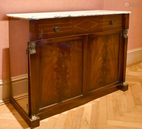 A MAHOGANY MARBLE TOP CUPBOARD, after Thomas Hope, with one ...