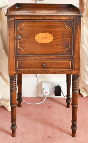 A MAHOGANY BEDSIDE CUPBOARD with drawer and panel door, on t...