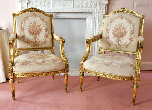 A GOOD LOUIS XVI STYLE GILTWOOD SUITE with tapestry covers, ...