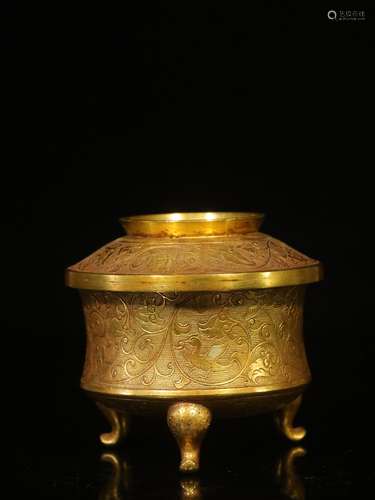 Old Collection.  Gilt Copper Tripod Vessel