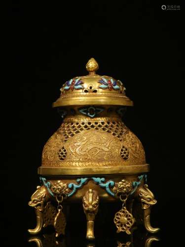 Overseas Backflow. Gilt Copper Incense Burner with Turquoise...