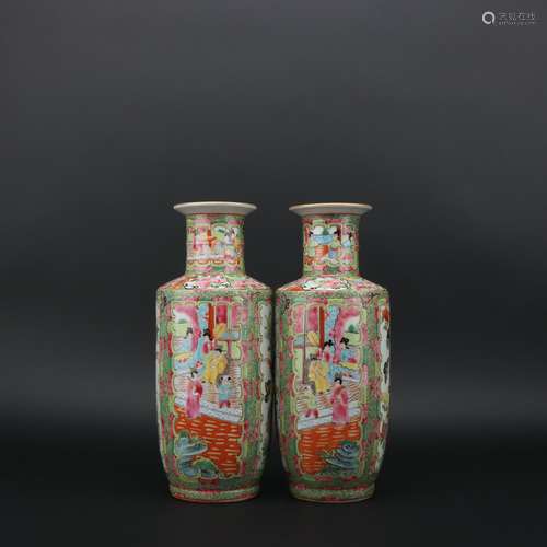 A Pair of Canton-Enamel Chinese-staff-shaped Vases