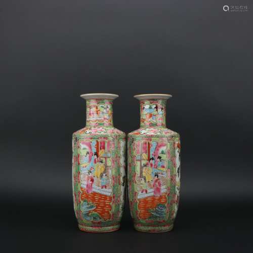 A Pair of Canton-Enamel Chinese-staff-shaped Vases