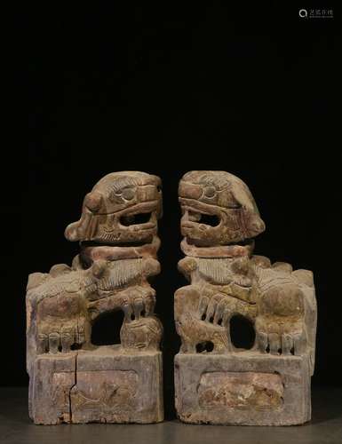 Overseas Backflow.   A Pair of Wood Bodied Lion Ornaments