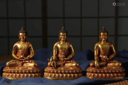 Three Gilt bronze statue of  buddha