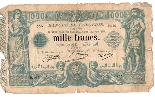 1 BILLET BANQUE de l’ALGERIE 1000 francs bleu du 3 mars 1924...