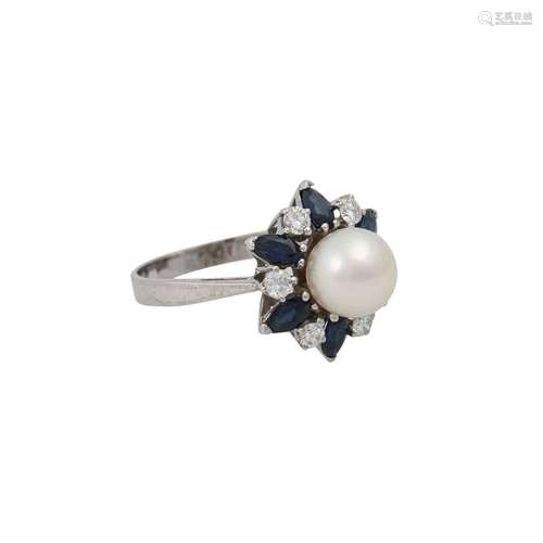 Ring mit Perle umgeben von Saphiren und Brillanten,