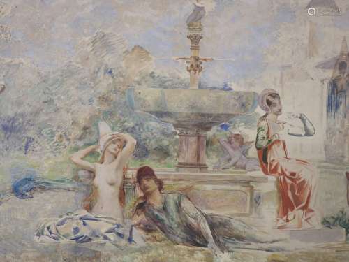 Personnages italiens près d'une fontaine. Importante huile s...