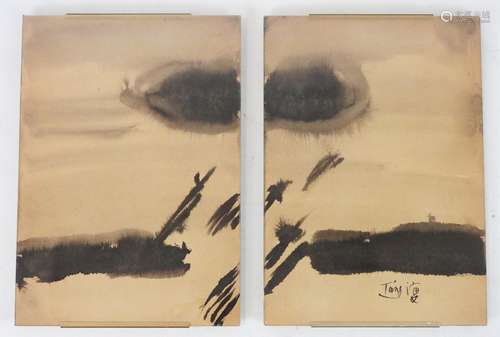 TANG Haiwen (1927-1991): Composition (diptyque). Encre de Ch...