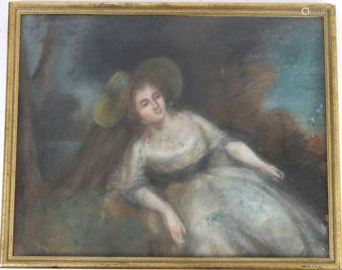 Ecole FRANCAISE du XVIIIème siècle: Femme au chapeau. Pastel...