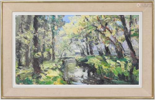 Abbé Pierre CALES (1870-1961): Ruisseau en sous-bois. Huile ...