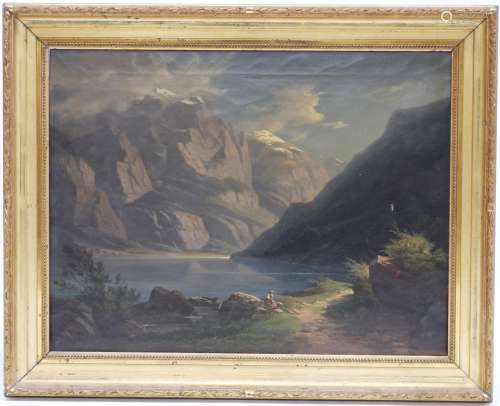 Gottlieb BION (1804-1876) : Paysage de lac en montagne. Huil...