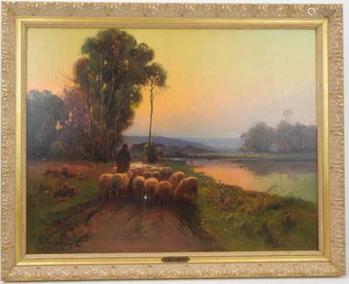 VILLEMONT (XIX - XXème): Troupeau de moutons. Huile sur toil...