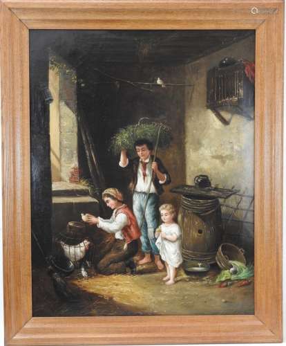 ROBERTI (XIXème siècle).: Trois enfants jouant avec des poul...