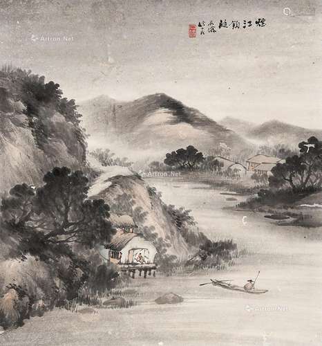 吴石僊（1845～1916） 烟江钓艇 镜片 设色纸本