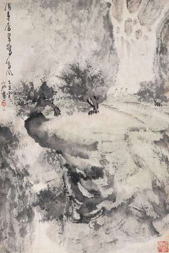 傅小石（b.1932） 观瀑图 镜片 设色纸本