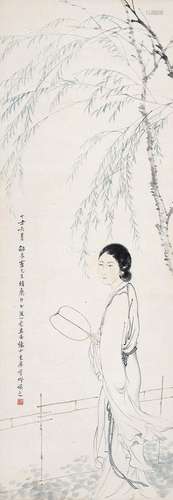 邓芬（1894～1964） 执扇仕女 镜片（原装裱） 设色纸本