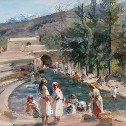 Gaston DUREL (1879-1954) Lavandières au Maroc Gouache, signé...