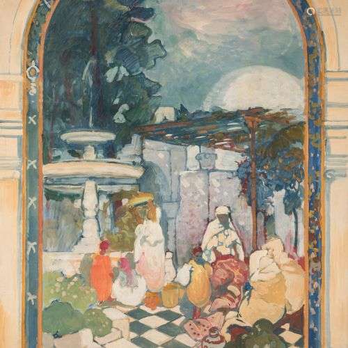 Léon CAUVY (1874-1933) Projet de décoration, Femmes à la fon...