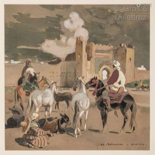 Edouard DOIGNEAU (1865-1954) Cavaliers aux portes de Meknès ...