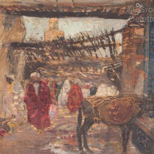 Henri PONTOY (1888-1968) Le souk, Maroc Huile sur isorel, no...