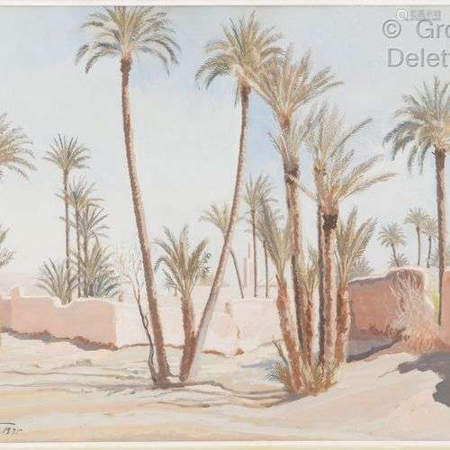 Olek TESLAR (1900-1952) Palmiers à Marrakech Gouache. Signée...
