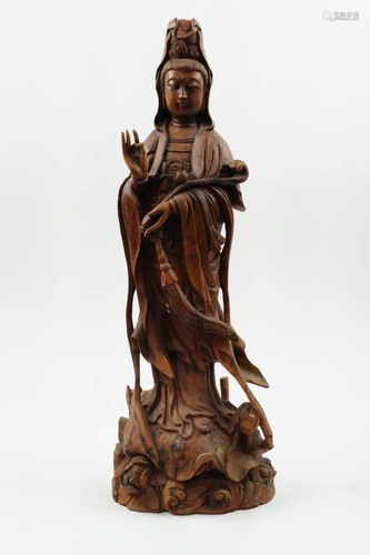 ANTIQUE HUANGHUALI WOOD FIGURE OF A GUANYIN, 18…