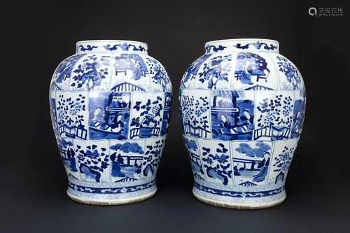 PAIR OF LARGE CHINESE BLUE & WHITE TEMPLE JARS