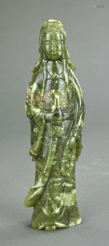 CHINESE CARVED SPINACH JADE STANDING GUANYIN