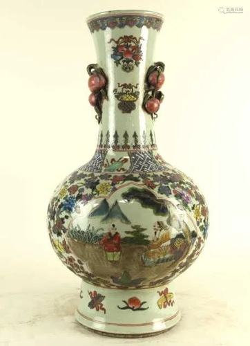 CHINESE BOTTLE VASE OF PEACHES AND FLOWERS