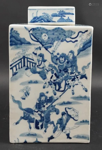 CHINESE BLUE AND WHITE SQUARE JAR AND COVER