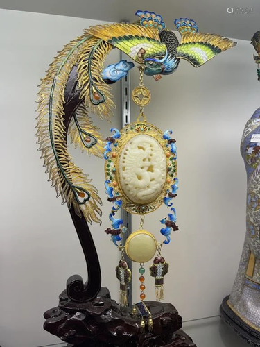 CHINESE CLOISONNE PHOENIX WITH WHITE JADE PLAQUE