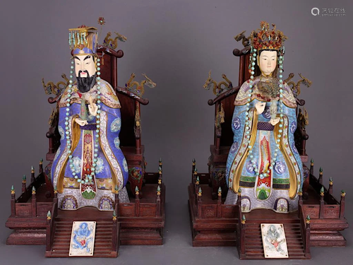 LARGE CHINESE CLOISONNE EMPEROR & EMPRESS FIGURES